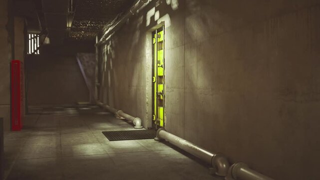 Dim service passage featuring illuminated ladder and scattered pipes, moody neon reflections, scene suggests urban explorer or maintenance crew transit,