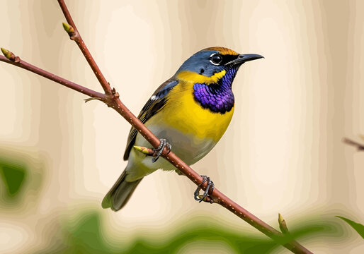 Northern parula bird perched on a thin branch in spring