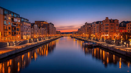 Fototapeta premium Cityscape at dusk featuring a canal reflecting building lights under a gradient sky landscape view