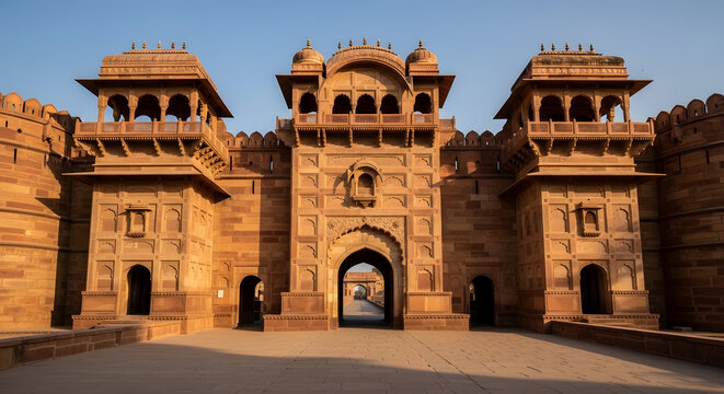 Grand sandstone gate of a historical Indian fort under clear sky.