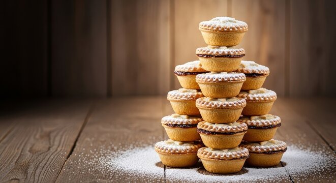 Festive mince pies neatly arranged in a triangular shape resembling a Christmas tree on a rustic wooden background with icing sugar snow, mince pies, food, celebration