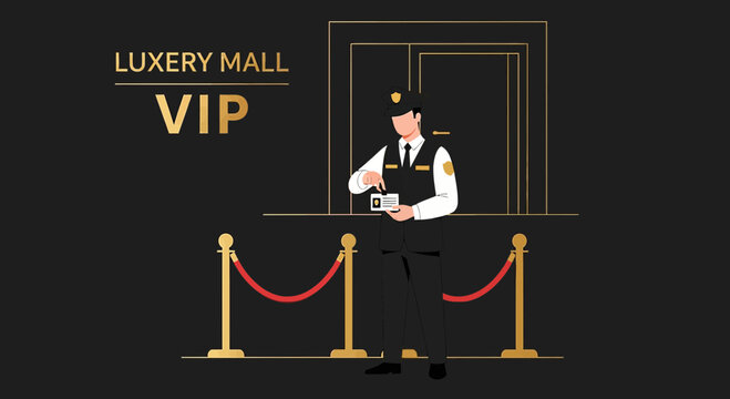 Luxury Mall VIP Security Guard Checking Badge Entrance Rope Barrier Golden Letters