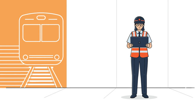 Female Train Operator with Laptop, Railway Station, Transportation Concept
