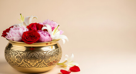 Fototapeta premium Pink and red flowers in ornate brass bowl on table.