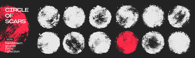Fototapeta premium Collection of circular, textured abstract shapes with Circle of Scars text. Red and black color palette, conveying emotional distress and artistic expression.