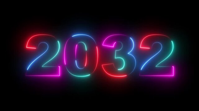 Happy new year 2032 animated neon text animation. Festival, new life, growth of business, investment, finance, innovation, Glowing neon number text happy new year. Four rainbow color neon animation,4k