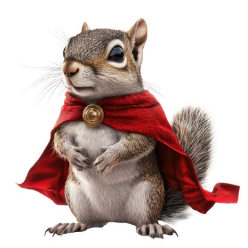 A squirrel in a red cape with a golden button, standing on a white background.