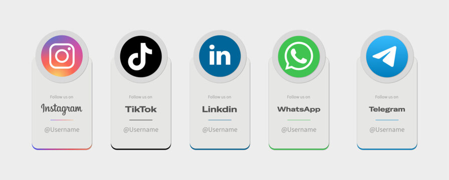 Popular Social Media Icons Logos: Follow Us Banners for TikTok, Instagram, WhatsApp, Telegram, LinkedIn. Vector Illustration