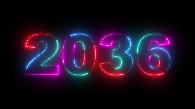 Happy new year 2036 animated neon text animation. Festival, new life, growth of business, investment, finance, innovation, Glowing neon number text happy new year. Four rainbow color neon animation,4k
