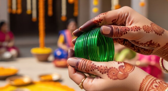 Close up of hands with henna holding green glass bangles for Indian bridal ceremony
