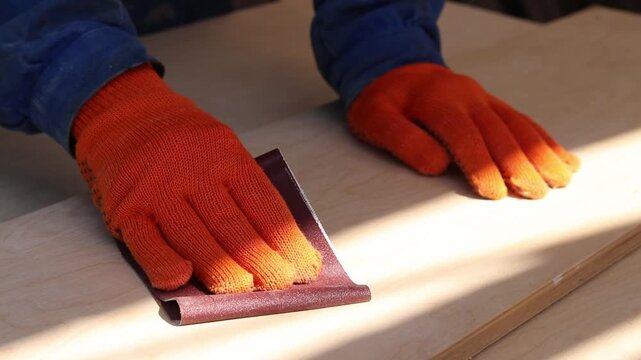 The process of sanding the surface of a board using sandpaper. An unrecognizable person in blue work clothes and protective orange gloves is working on the processing of a wooden board. Repair