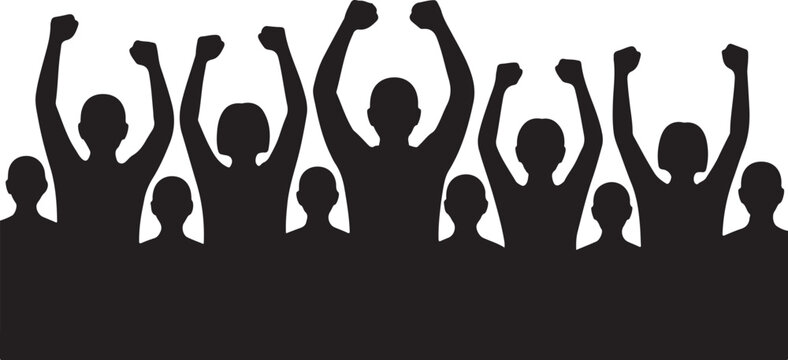 Group of people cheering with their hands up in the air, silhouette of a crowd celebrating victory or success, vector illustration