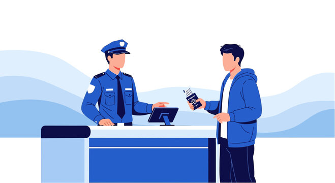 Airport border control, passport check by security officer with traveler