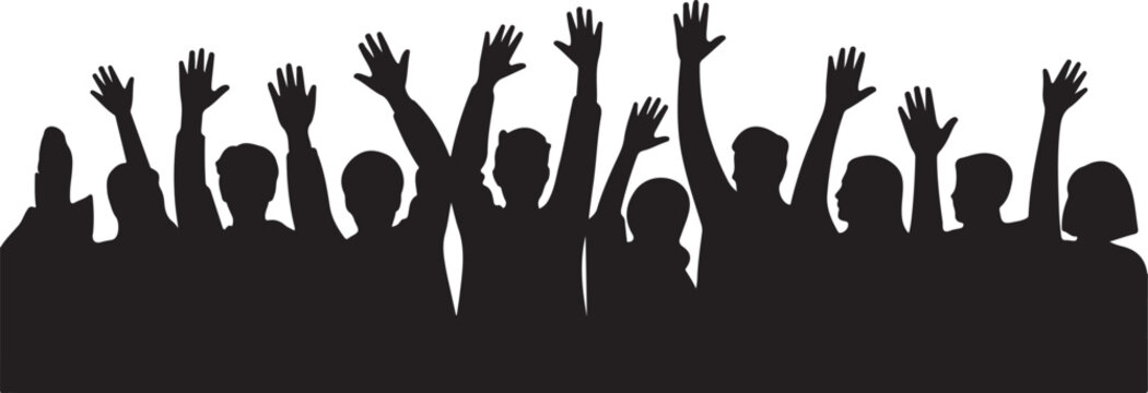 Silhouettes of a crowd of people with their hands raised in the air, cheering, celebrating, or voting at a concert, rally, or protest event