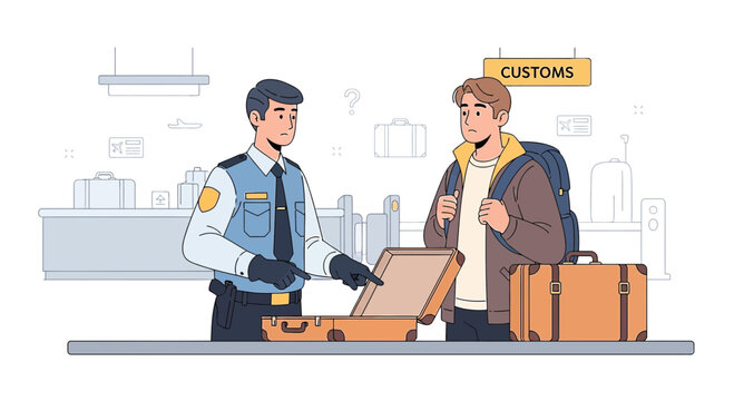 Airport customs officer inspecting traveler's luggage at checkpoint