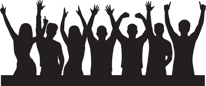 Group of happy people with hands up in the air, cheering crowd silhouette, celebrating success, party, concert, or festival concept, vector illustration