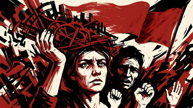 Soviet propaganda style illustration of revolutionary workers in struggle.