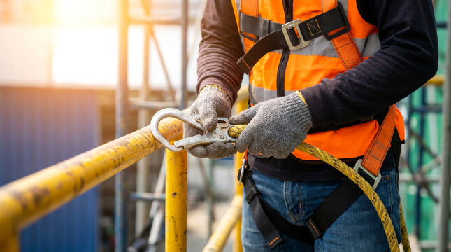Construction safety harness and carabiner hook, worker wearing fall protection equipment on scaffolding, industrial site occupational health and safety