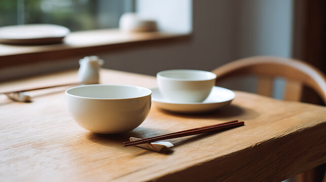 Minimalist dining setup on a rustic wooden table with white ceramic bowls, a cup, saucer, and chopsticks in a calm interior setting