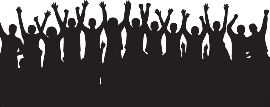 Silhouettes of a cheering crowd of people with their hands raised up in the air
