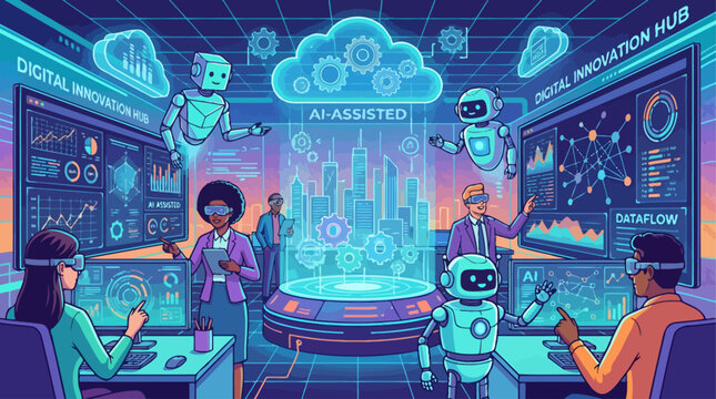 AI assisted cloud data city grid with corporate business developers analyzing network systems alongside assistant robots
