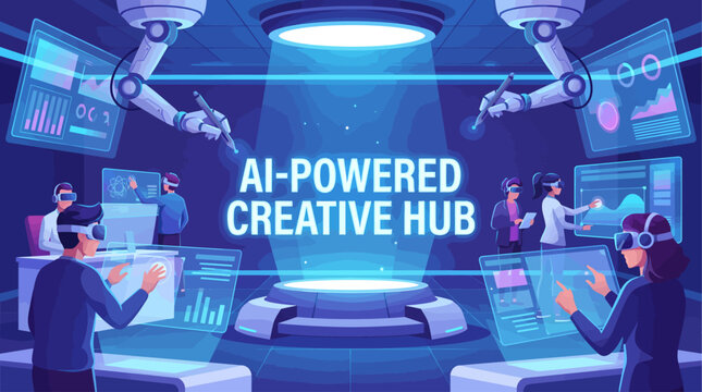 Artificial intelligence creative hub presentation flyer with futuristic robotics research lab bright lighting beam
