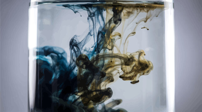 Abstract macro photography of dark ink drops swirling and dissolving in clear liquid water backdrop