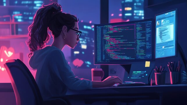 Night Coder: A developer immersed in coding at her desk under the city light