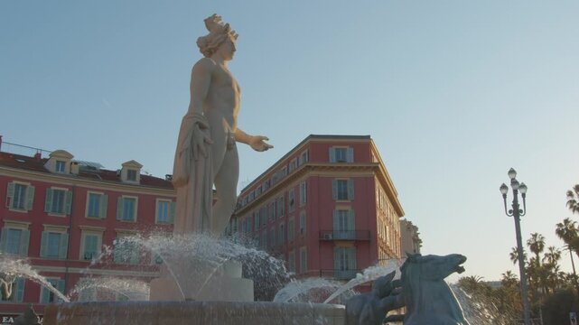 4K French Riviera Nice rays of light on Apollo&rsquo;s fountain long parallax slow motion 