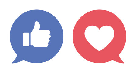 Fototapeta premium Social Media Icons. A set of social media icons, a blue speech bubble with a white thumbs-up symbol and a red speech bubble with a white heart symbol, conveying approval and affection.