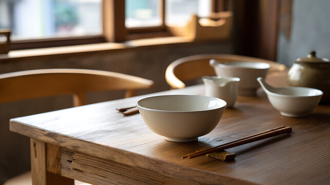 Elegant dining setup with ceramic bowl and chopsticks on a rustic wooden table illuminated by soft window light, showcasing traditional aesthetic