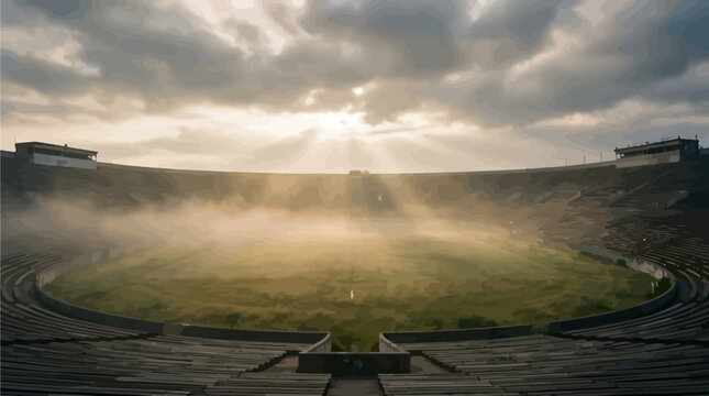 Dramatic sunbeams breaking through stormy clouds over a vast foggy misty green field landscape background