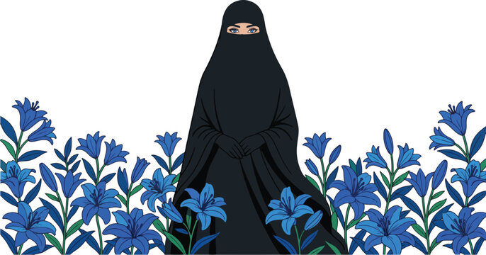A woman in a black niqab stands among vibrant blue flowers in a serene natural setting.