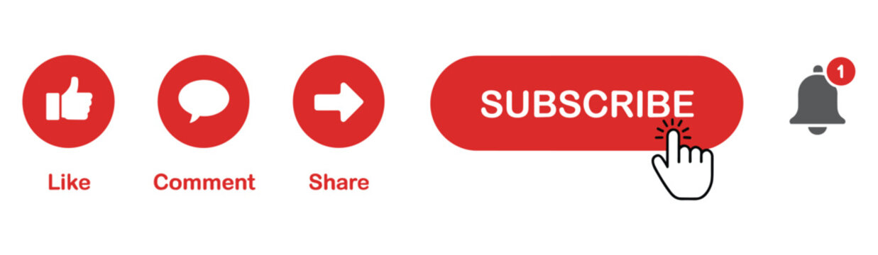 Subscribe Button and Icons. A set of social media icons, including like, comment, share, and a prominent red subscribe button with a notification bell, clicked by a hand cursor, all in a clean.