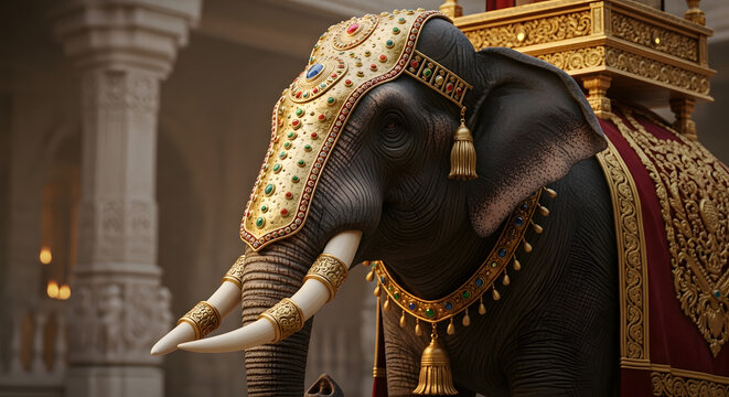 Ornate ceremonial elephant decorated with traditional Indian jewelry and headpiece.