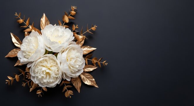 Elegant composition of silk-like white peonies and gold-tipped eucalyptus leaves set against a smooth matte charcoal texture for luxury, minimalist, delicate, wallpaper