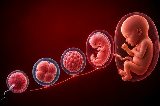 A medical diagram illustrates the sequential stages of human prenatal development from fertilization to a fully formed fetus against a dark red background.