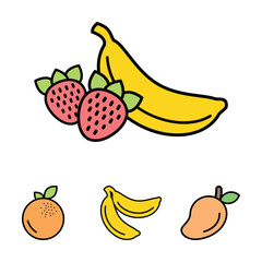Obraz premium Colorful fruit icon set featuring banana, strawberry, orange, and mango for menus, grocery signage, nutrition materials, healthy eating guides, and food-related designs.