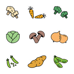 Obraz premium Fruit icon set featuring banana, strawberry, orange, and mango illustrations for menus, grocery signage, nutrition materials, healthy eating content, and food-related designs.
