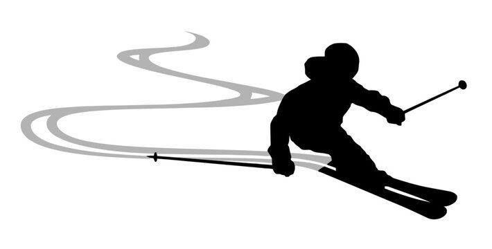 Skier silhouette turning downhill on snowy slope, winter sport