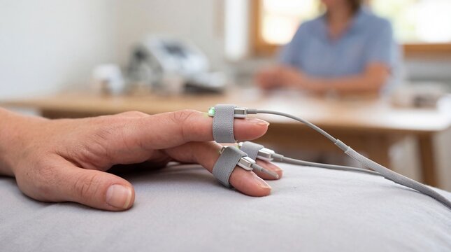 Woman finger with biofeedback sensor attached for stress test. Patient undergoing physiological monitoring in clinic. Clinical biofeedback examination, medical diagnostic technology concept.