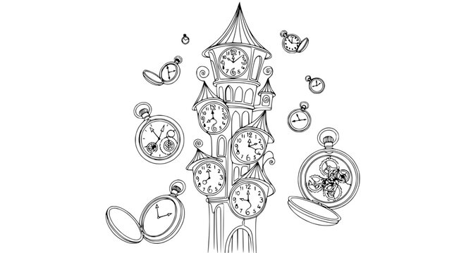 Whimsical Clock Tower with Floating Pocket Watches