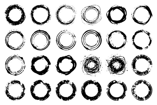 Twenty unique grunge circle designs in black and white.