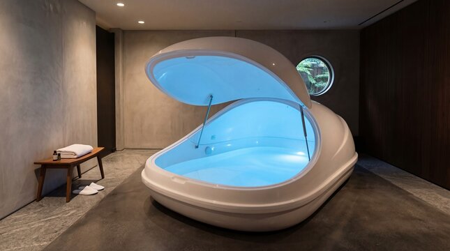 Float tank in modern spa room. Sensory deprivation pod with blue light for deep relaxation and meditation therapy. Wellness practice for stress relief and physical recovery in interior.