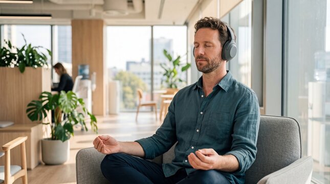 Man meditating in modern office chair with headphones. Employee taking break for mindfulness and mental wellbeing. Relaxed professional worker practicing calm during stressful workday.