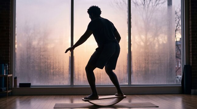 African american man balancing on a wooden balance board in a gym. Athletic male training his core stability for fitness and health. Indoor workout with sunset light from window.