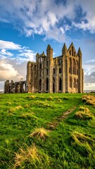 Obraz premium Ancient Stone Abbey Ruins Standing on Grassy Field Under Dramatic Cloudy Sky