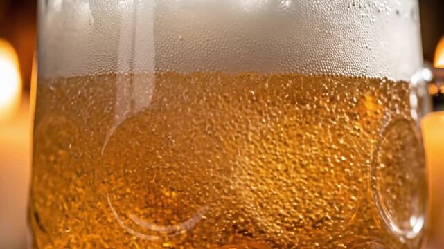 Close up of refreshing lager beer with rising bubbles and foam