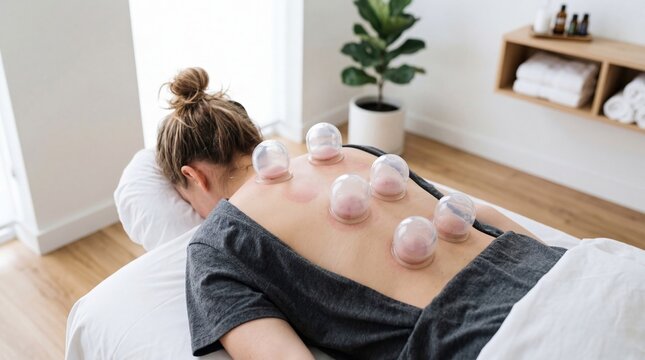 Woman receiving cupping therapy on back in spa. Alternative medicine treatment for muscle pain relief and wellness. Relaxation and body healing technique in modern wellness center.