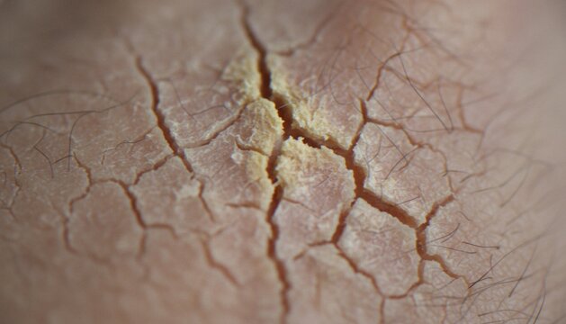 Extreme close-up macro photograph of severely dry, cracked human skin, highlighting texture, dehydration, and irritation.